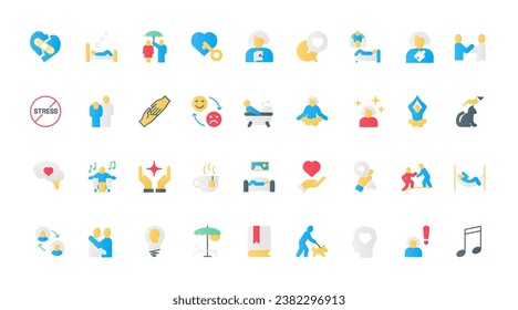 Psychology assistance and therapy, symbols of self mind hygiene and mental health to heal stress problems and depression. Help and support in stress, wellbeing flat icons set vector illustration.
