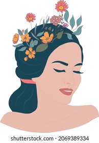 Psychology awareness consciousness psychiatry or mental health concept.Isolated vector illustration face of relaxed smiling female woman with flowers on her head.Imagination.Mind and soul