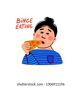 Psychology. Binge Eating. Woman Character With Slice Of Pizza. Overweight Female Person Suffering From Overeating. Doodle Slyle Flat Vector Illustration