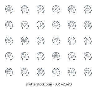 Psychology, brain activity and head related concepts thin line icon set