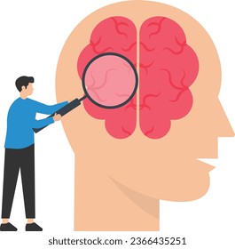 Psychology or brain analysis for human intelligence, memory, mindset or mental wellbeing, Neurology or psychotherapy, Man walk up the stairs, Human head see mystery secret

