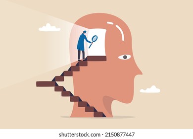 Psychology Or Brain Analyze For Human Intelligence, Memory, Mindset Or Mental Wellbeing, Neurology Or Psychotherapy Concept, Man Walk Up The Stair To Open Human Head See Mystery Secret Of Human Brain.