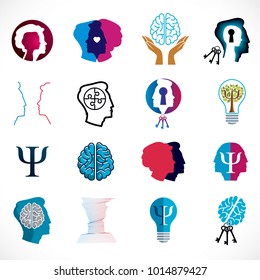 Psychology, brain and mental health vector conceptual icons or logos set. Relationship and gender psychology problems and conflicts, psychoanalysis and psychotherapy, personality and individuality.