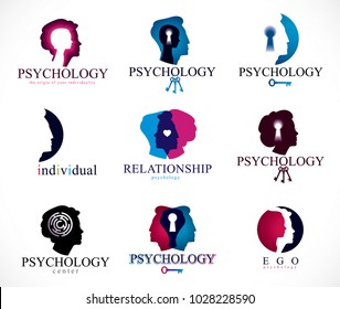 Psychology, brain and mental health vector conceptual icons or logos set. Relationship and gender psychology problems and conflicts, psychoanalysis and psychotherapy, personality and individuality.