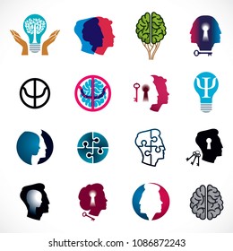 Psychology, brain and mental health vector conceptual icons or logos set. Relationship and gender psychology problems and conflicts, psychoanalysis and psychotherapy, personality and individuality.