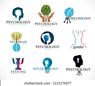 Psychology, brain and mental health vector conceptual icons or logos set. Relationship and gender psychology problems and conflicts, psychoanalysis and psychotherapy, personality and individuality.