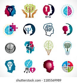 Psychology, brain and mental health vector conceptual icons or logos set. Relationship and gender psychology problems and conflicts, psychoanalysis and psychotherapy, personality and individuality.