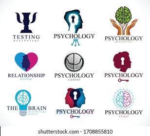 Conjuntos de iconos conceptuales o logos de los vectores de la psicología, el cerebro y la salud mental. Problemas y conflictos de relación y psicología de género, psicoanálisis y psicoterapia, personalidad e individualidad.