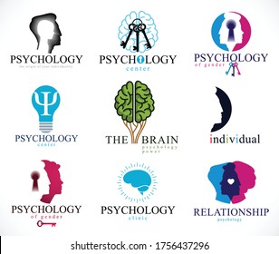 Psychology, brain and mental health vector conceptual icons or logos set. Relationship and gender psychology problems and conflicts, psychoanalysis and psychotherapy, personality and individuality.