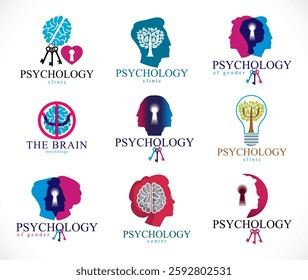 Psychology, brain and mental health vector conceptual icons or logos set. Relationship and gender psychology problems and conflicts, psychoanalysis and psychotherapy, personality and individuality.