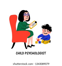 Psychology. Child psychologist. Female doctor tests the child. Doodle style flat vector illustration.