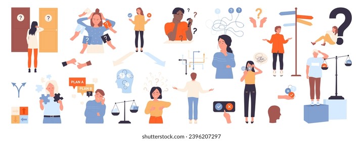 Psychology of choice set vector illustration. Cartoon isolated confused male and female characters make decision, choose right door and path, find direction to success change and future opportunity