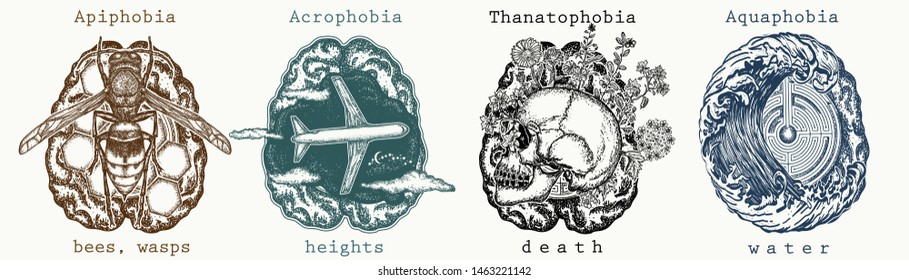 Psychology collection. Apiphobia, Acrophobia. Thanatophobia, Aquaphobia. Fear of death, bees, water, heights. Psychological vector illustration. Psychotherapy and psychiatry art 