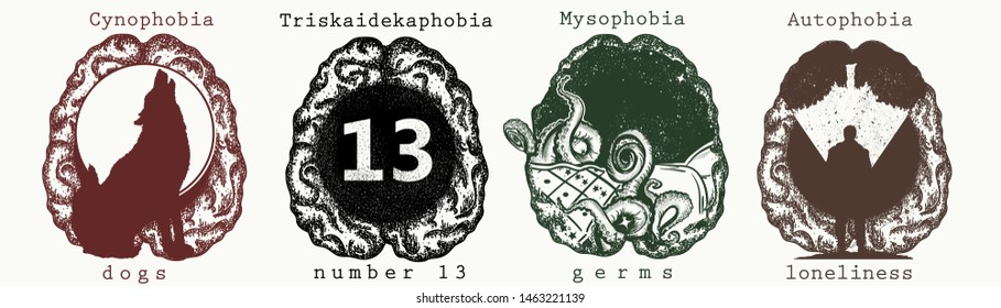 Psychology collection. . Fear of dogs (cynophobia), number 13 (triskaidekaphobia), germs (mysophobia), loneliness (autophobia). Psychological vector illustration. Psychiatry art 