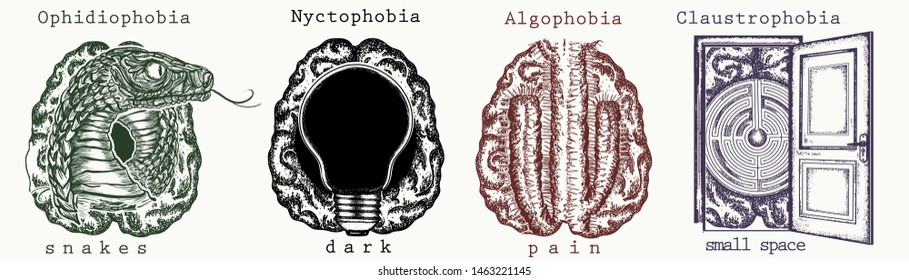 Psychology collection. Fear of snakes (ophidiophobia), dark (nyctophobia), pain (algophobia), small space (claustrophobia). Psychological vector illustration. Psychiatry art 