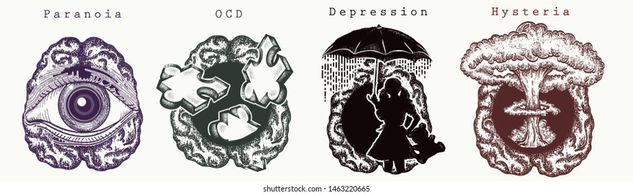 Psychology collection. Paranoia, OCD (Obsessive Compulsive Disorder), depression, Hysteria. Psychological vector illustration. Psychotherapy and psychiatry art 