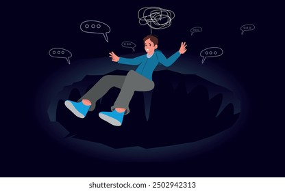 Psychology concept. Defenseless person suffering from depression, mental disorder. Man in despair, feeling hopeless, depressed and unhappy. Human with psychological problem. Flat vector illustration.