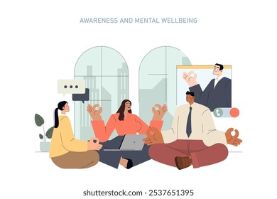 Concepto de psicología. Un grupo diverso participa en una discusión sobre el bienestar mental, transmitiendo camaradería y Asistencia. Interior de la oficina y participación virtual. Ilustración vectorial.