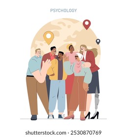 Psychology concept. Diverse group of people sharing emotions, showcasing community support and mental wellbeing. Personal growth journey. Vector illustration.