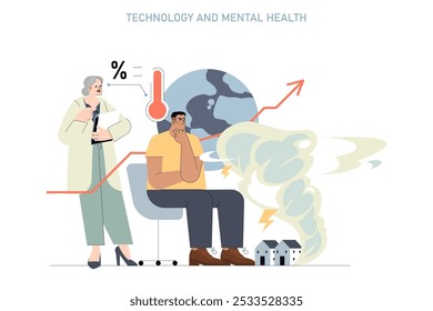 Psychology concept. Exploring the effects of technology on mental well-being with stress indicators and brain patterns. Vector illustration.
