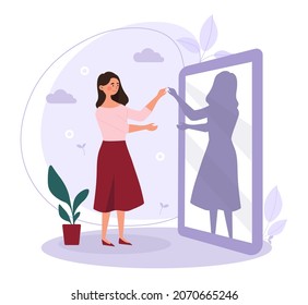 Psychology concept of finding and meeting shadow personality. Woman stands in front of mirror and touches her dark side. Unknown part of personality. Cartoon contemporary flat vector illustration