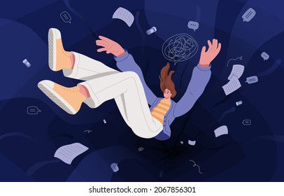 Psychology concept. Helpless person suffering from depression, mental disorder. Woman in despair, feeling hopeless, depressed and unhappy. Human with psychological problem. Flat vector illustration.