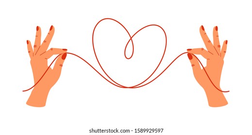 Psychology concept with human hands holding the ends of the red threads in the shape of the heart. Love therapy practice and counseling solve problems of love relationships. Flat vector illustration.