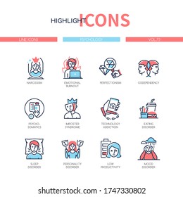 Psychology concept - line design style icons set. Mental health and psychological problems. Narcissism, codependency, psychosomatics, imposter syndrome, eating, personality, mood and sleep disorders