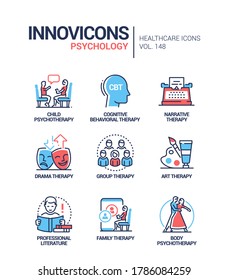 Psychology Concept - Line Design Style Icons Set. Therapy And Online Consultations Idea. Group, Cognitive Behavioral, Drama, Body, Art, Narrative, Methods. Child And Family Professionals