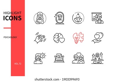 Psychology Concept - Line Design Style Icons Set. Mental Health And Personal Development Idea. Positive Thinking, Emotional Intelligence. Narrative Therapy, Healthy Relationship, Mindfulness Solutions