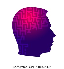Psychology the concept of man. Labyrinth of perceiving the world. Icons silhouette profile of a man's head with a pattern on a background of puzzle. Vector EPS 10 for page cover book