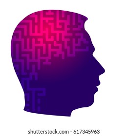 Psychology the concept of man. Labyrinth of perceiving the world. Icons silhouette profile of a man's head with a pattern on a background of puzzle. Vector EPS 10 for page cover book