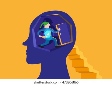 Psychology concept. A man trapped inside a person's head opens up a secret door and finds a staircase. Editable Clip Art.