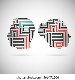 Psychology the concept of man and woman. Labyrinth of perceiving the world. Icons silhouette profile of a man's head with a pattern on a background of puzzle. Vector EPS 10 for page cover book