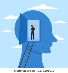 Psychology concept and mindset, detective man climbing human brain to investigate problem, deep thinking or mental health diagnosis, brain intelligence or depression, emotion or cognitive concept.