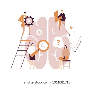 Psychology concept - modern vector flat design style illustration on white background. Male, female characters, psychologists around human brain with magnifier, gear, question, lightning, making notes