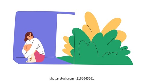 Psychology Concept Of Phobia, Fear Of Unsafe Outdoor. Stressed Person With Mental Anxiety Disorder, Afraid Of Going Out Home, Comfort Zone. Flat Vector Illustration Isolated On White Background