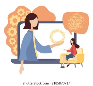 Psychology concept. Psychologist consulting patient online. Psychotherapy practice, psychological help, psychiatrist. Vector flat illustration 