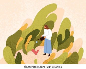 Psychology concept of self love, care and development. Woman growing, developing mental health, creating positive environment. Supporting of wellness, wellbeing, good mindset. Flat vector illustration