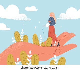 Psychology concept of self love. Girl stands on big hand and waters plants. Psychology, mental health, awareness and inner balance. Self acceptance and confidence. Cartoon flat vector illustration