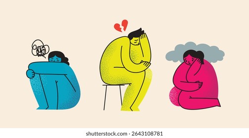 Psychology concept set of the flat vector illustrations. Self-abuse, violence and pressure. Person under overwhelming control, assault. Mental health problem.