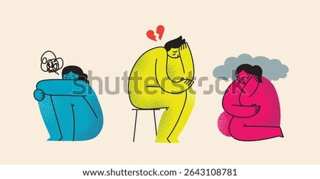 Psychology concept set of the flat vector illustrations. Self-abuse, violence and pressure. Person under overwhelming control, assault. Mental health problem.