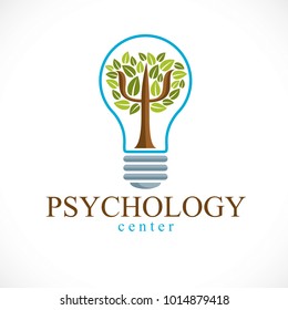 Psychology concept vector logo or icon created with Greek Psi symbol as a green tree with leaves inside of idea light bulb, mental health concept, psychoanalysis analysis and psychotherapy therapy.