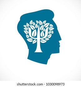 Psychology concept vector logo or icon created with Greek Psi symbol as a tree with leaves inside of man face profile, mental health concept, psychoanalysis analysis and psychotherapy.