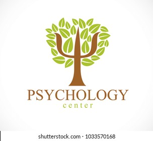 Psychology concept vector logo or icon created with Greek Psi symbol as a green tree with leaves, mental health concept, psychoanalysis analysis and psychotherapy.