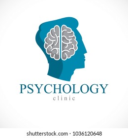 Psychology concept vector logo or icon created with human anatomical brain inside of man face profile, mental health concept, psychoanalysis analysis and psychotherapy.