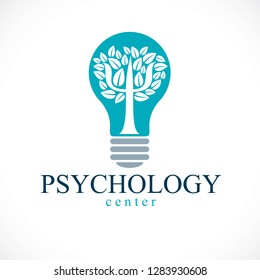 Psychology concept vector logo or icon created with Greek Psi symbol as a tree with leaves inside of idea light bulb, mental health concept, psychoanalysis analysis and psychotherapy therapy.