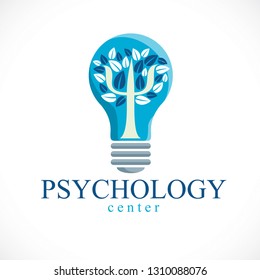 Psychology concept vector logo or icon created with Greek Psi symbol as a tree with leaves inside of idea light bulb, mental health concept, psychoanalysis analysis and psychotherapy therapy.