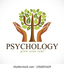 Psychology concept vector logo or icon created with Greek Psi symbol as a green tree with leaves and tender guarding hands, mental health concept, psychoanalysis analysis and psychotherapy.