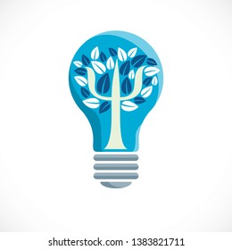 Psychology concept vector logo or icon created with Greek Psi symbol as a tree with leaves inside of idea light bulb, mental health concept, psychoanalysis analysis and psychotherapy therapy.